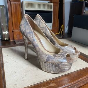 Brian Atwood Bambola Nude Metallic snakeskin platform peep toe heels open toe 9